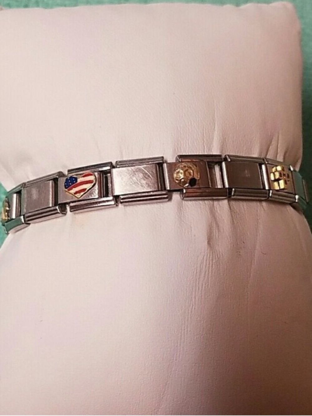 Stainless Steel Italian Charm Bracelet with Enamel Heart and Gold Accents